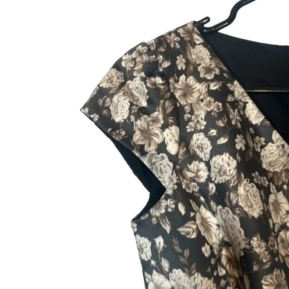 Gal Meets Glam Black Floral Short Cap Sleeve V-Neck Sheath Dress Women Sz 00